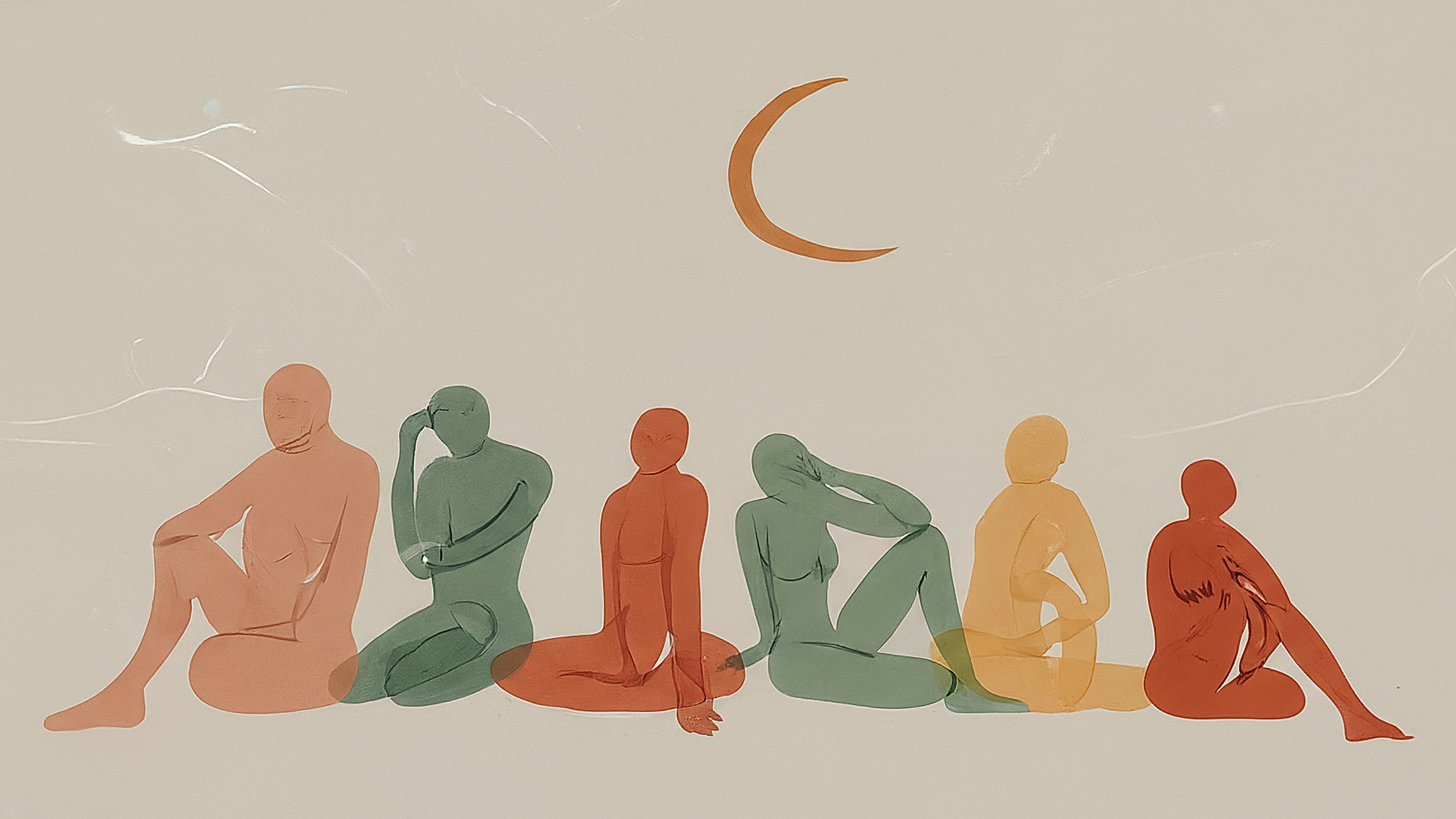 Crescent moon with figures in late-night reflection