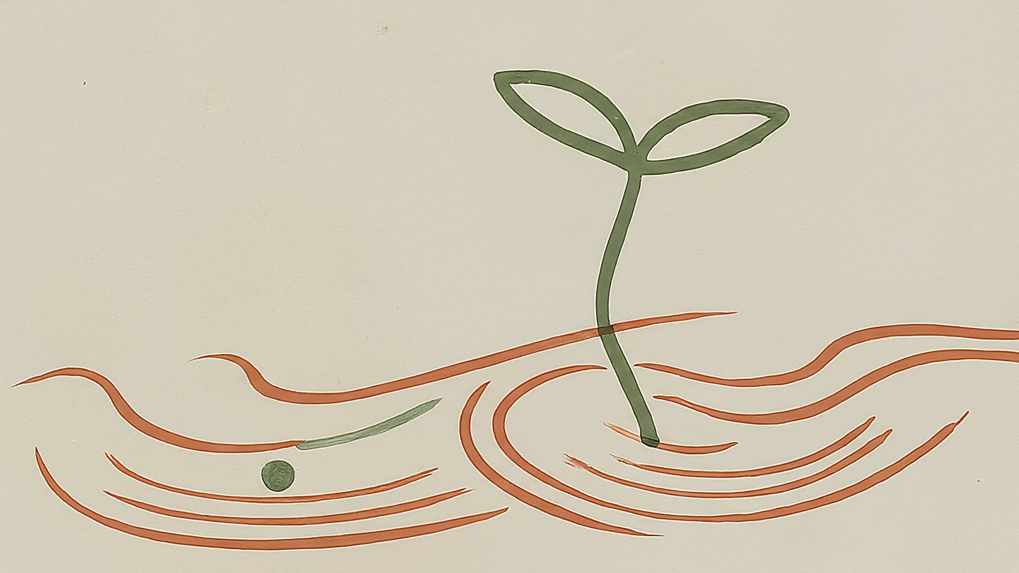 Seedling growing with gentle growth ripples in terracotta and sage