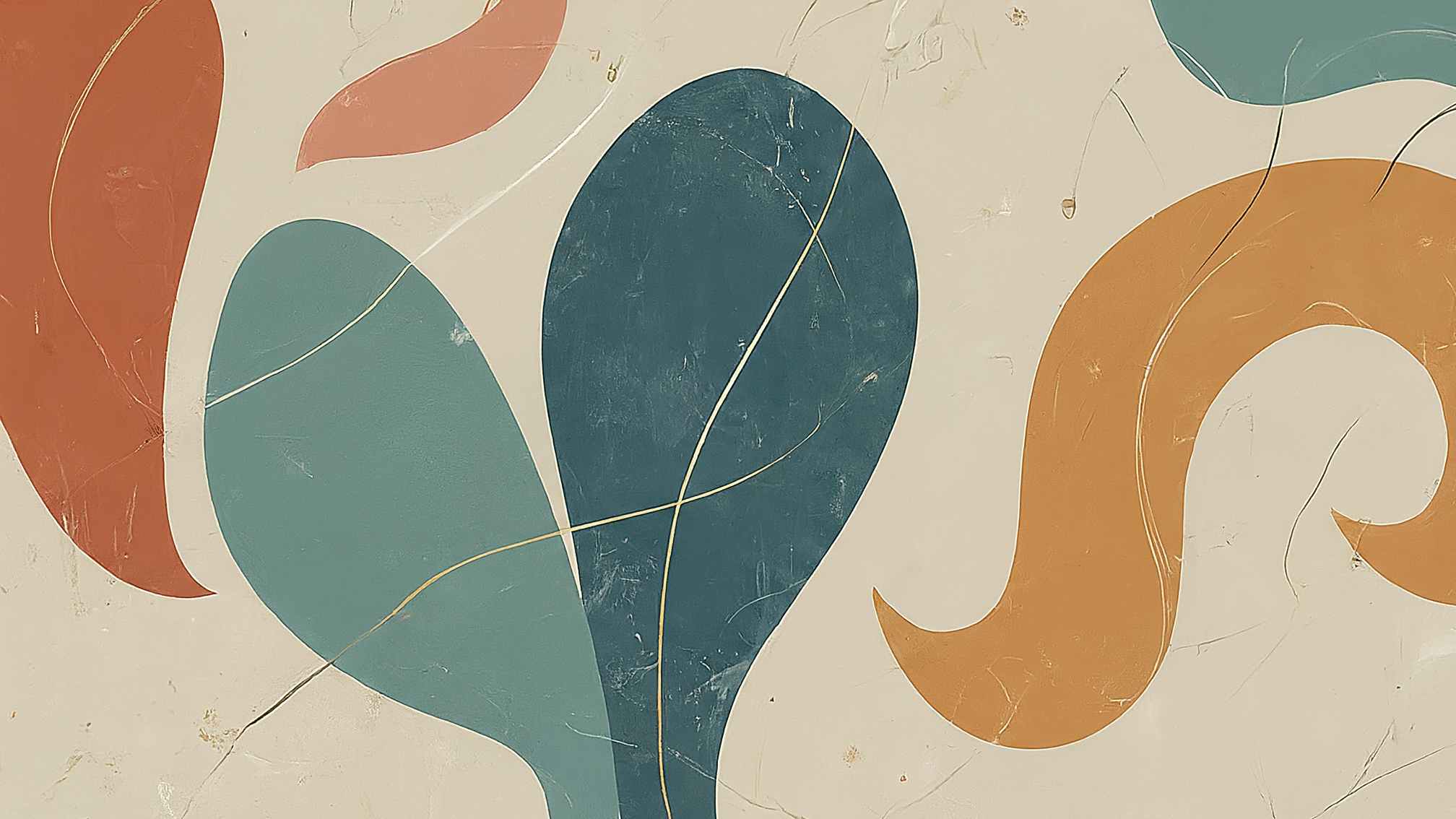 Six organic shapes in gentle constellation representing the Ferni team