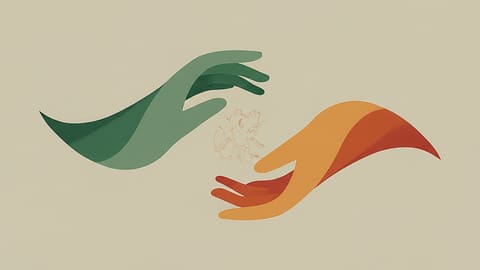 Two hands collaborating to shape a glowing form
