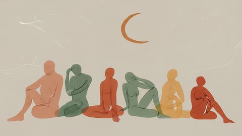 Crescent moon with figures in late-night reflection